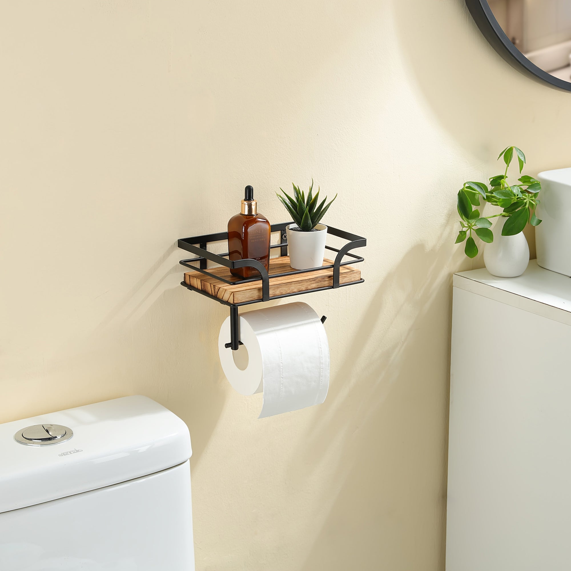 Wall Mounted Toilet Paper Holder with Wooden Shelf and Storage Rack