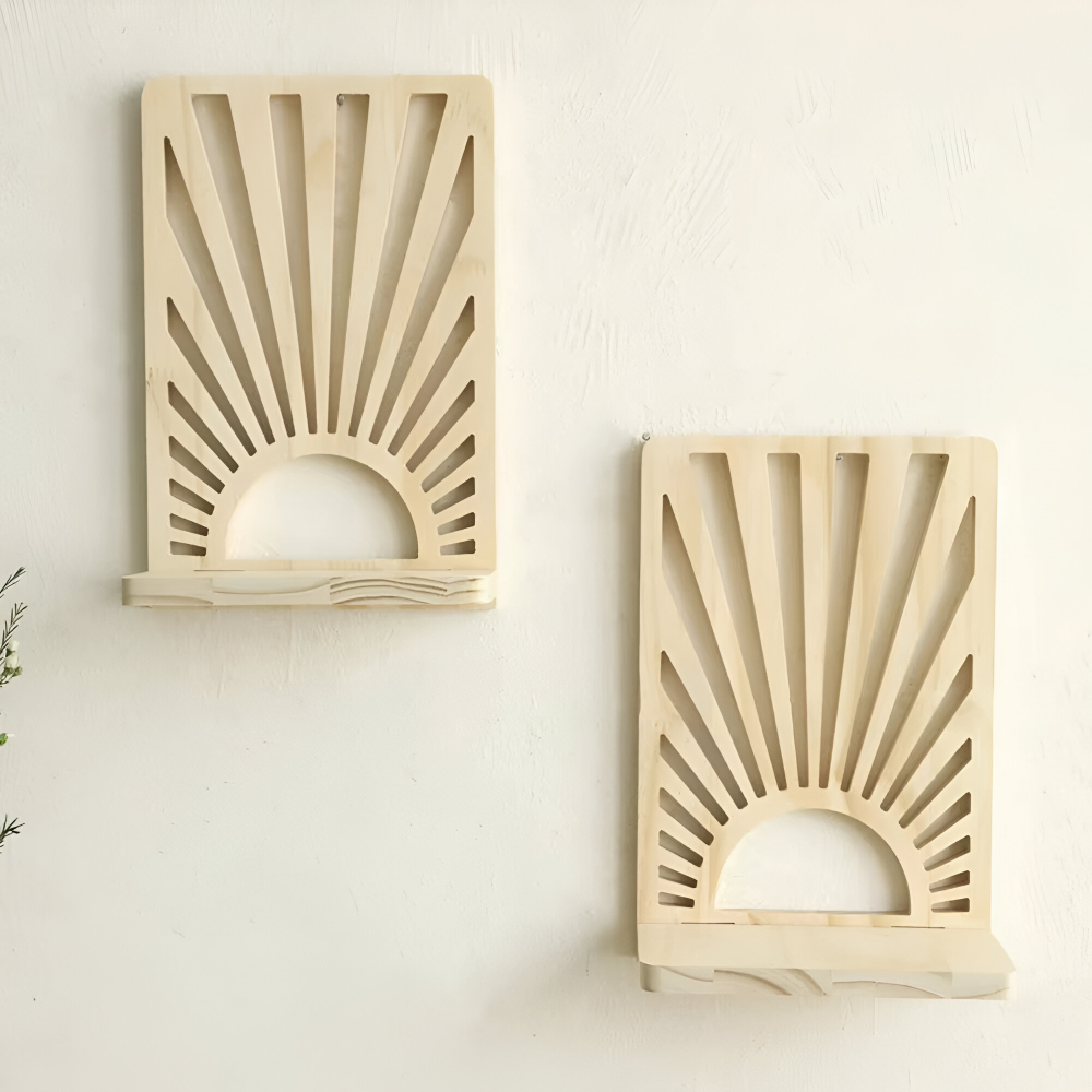Natural Wooden Wall Shelf with Sunbeam Design