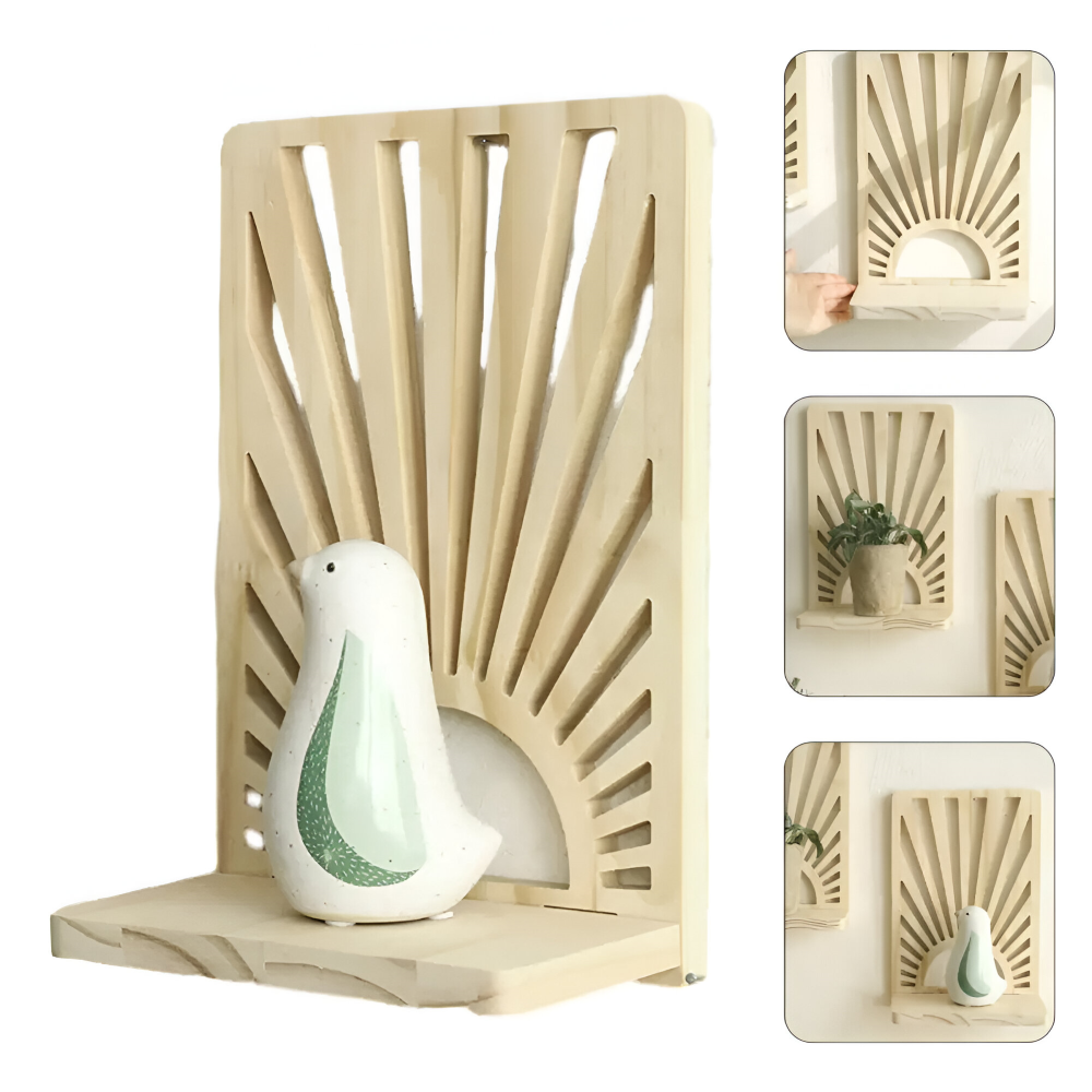Natural Wooden Wall Shelf with Sunbeam Design