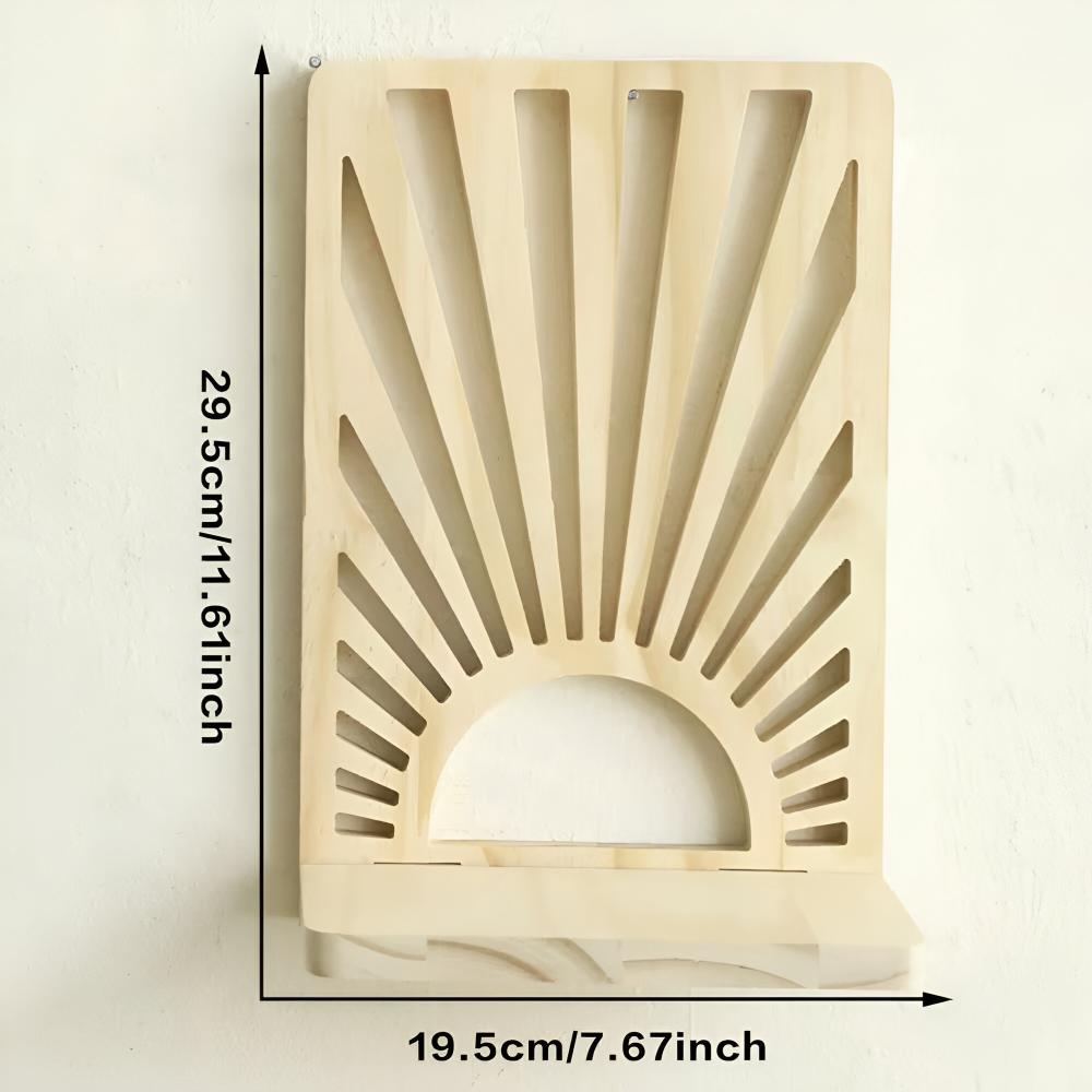 Natural Wooden Wall Shelf with Sunbeam Design
