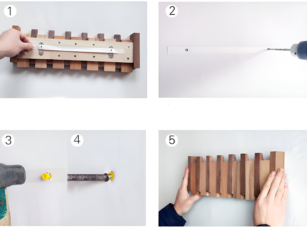 Wooden Piano Key Wall Hook Rack with Foldable Hooks