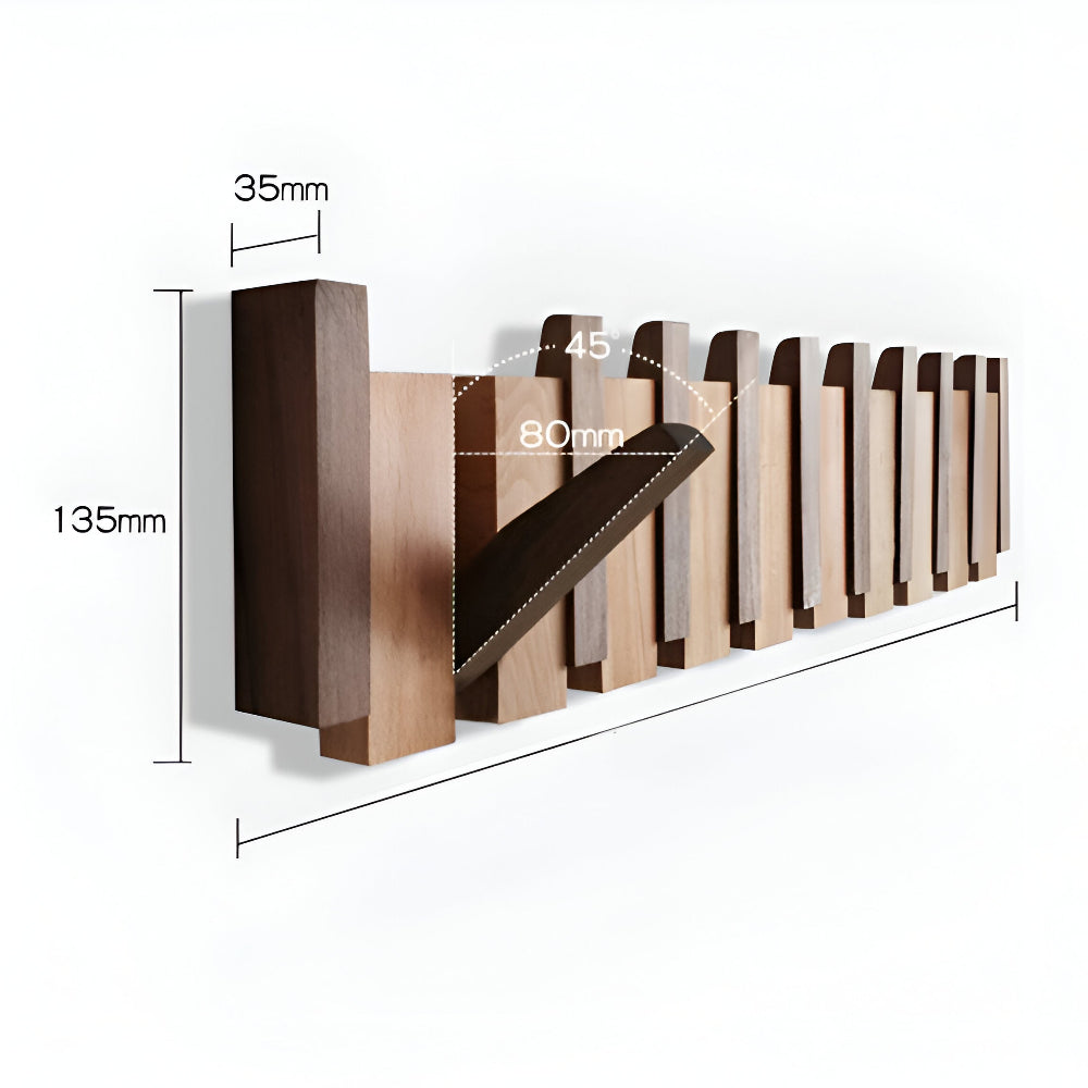 Wooden Piano Key Wall Hook Rack with Foldable Hooks