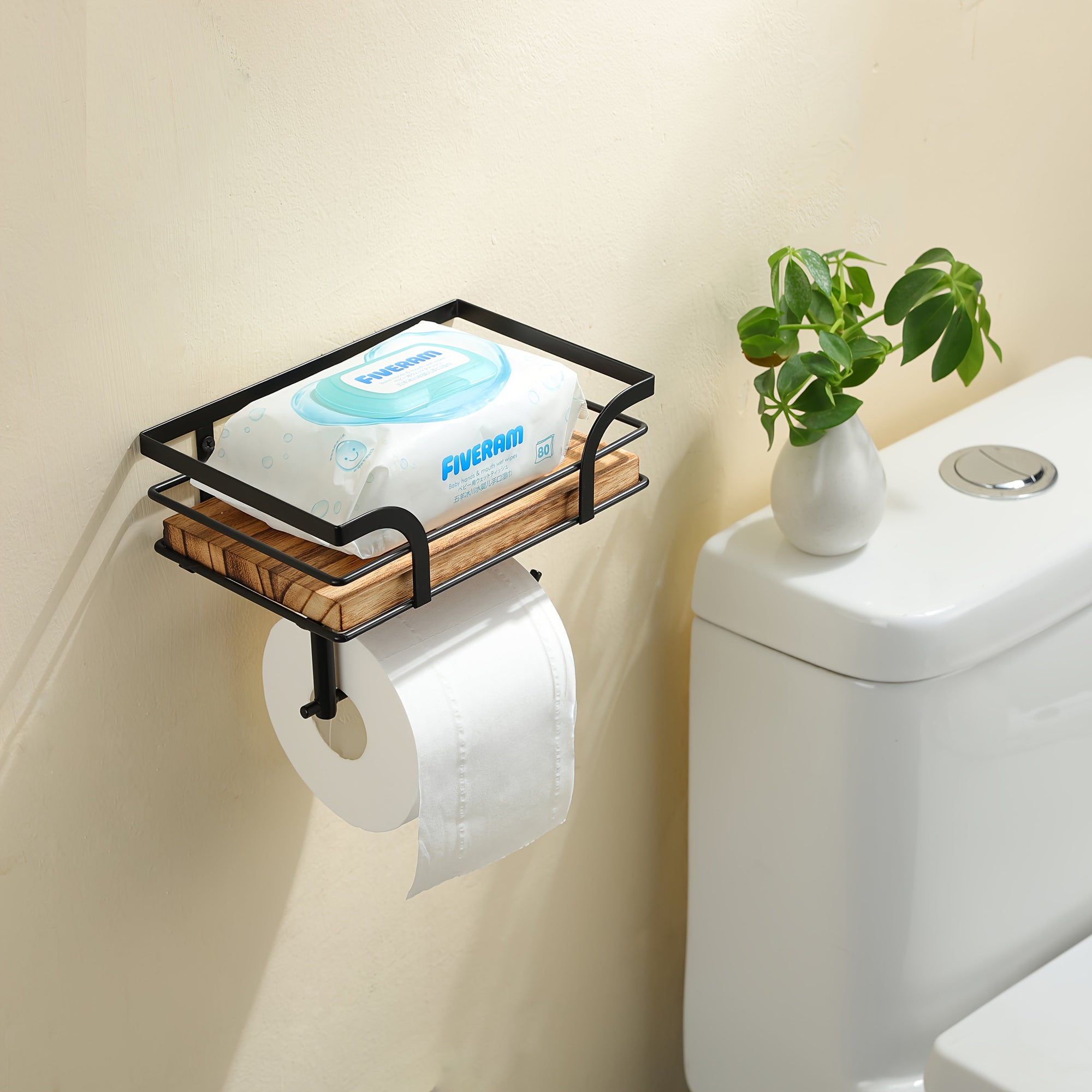 Wall Mounted Toilet Paper Holder with Wooden Shelf and Storage Rack