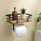 Wall Mounted Toilet Paper Holder with Wooden Shelf and Storage Rack
