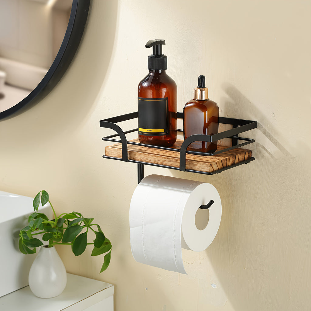 Wall Mounted Toilet Paper Holder with Wooden Shelf and Storage Rack