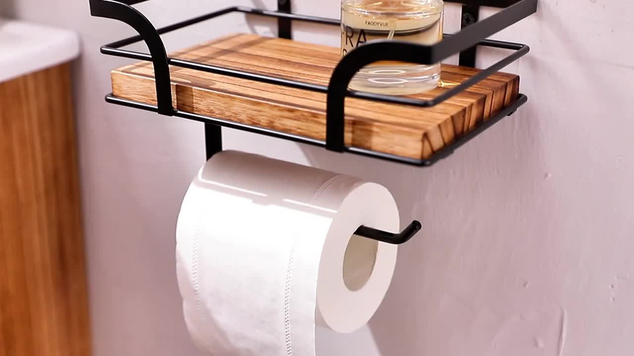 Wall Mounted Toilet Paper Holder with Wooden Shelf and Storage Rack
